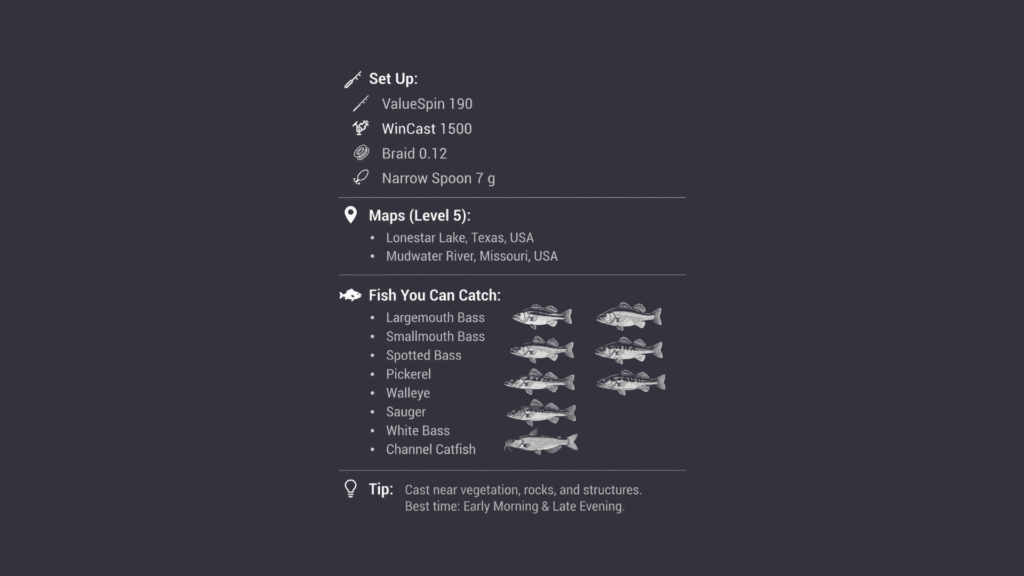 Fishing Planet Level 5 available maps showing Lonestar Lake Texas and Mudwater River Missouri locations