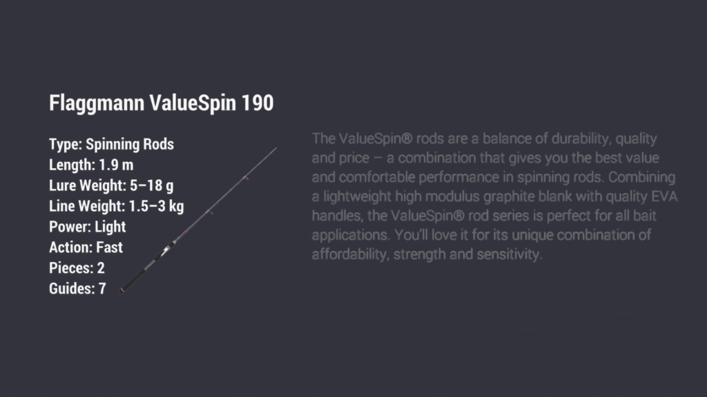 ValueSpin 190 spinning rod stats in Fishing Planet Level 5 setup showing lure weight 5-18g Light power and Fast action