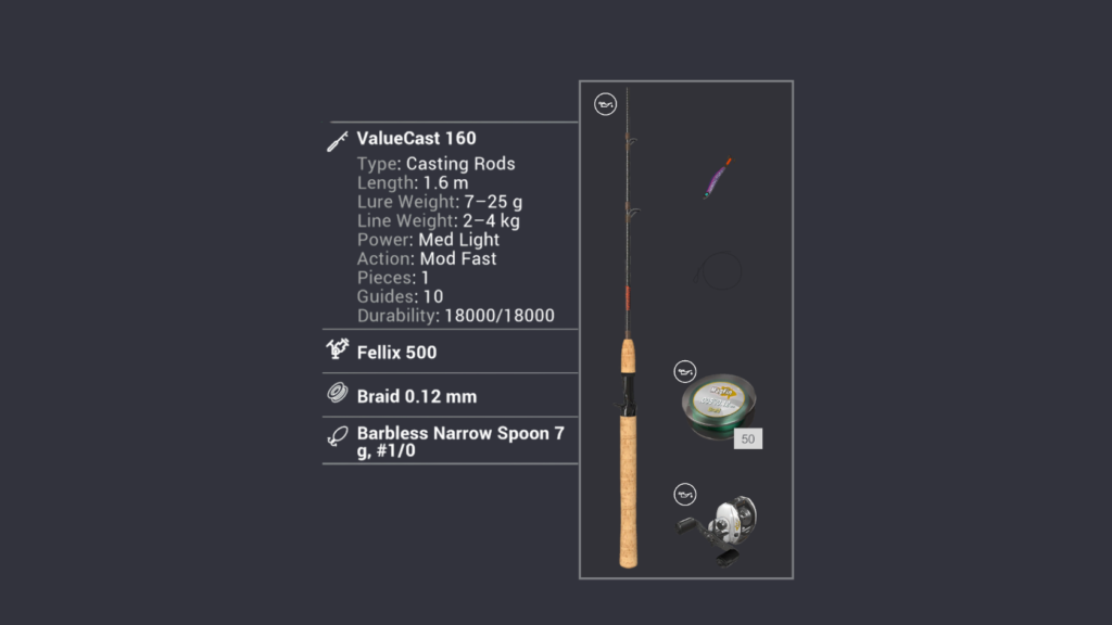 Fishing Planet Level 6 casting setup overview showing ValueCast 160 rod Fellix 500 reel Braid 0.12mm line and Barbless Narrow Spoon 7g lure