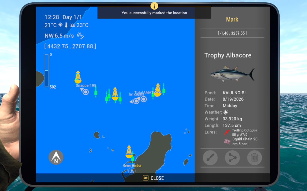 Kaiji No Ri map showing Albacore catch location off Green Harbor in Fishing Planet