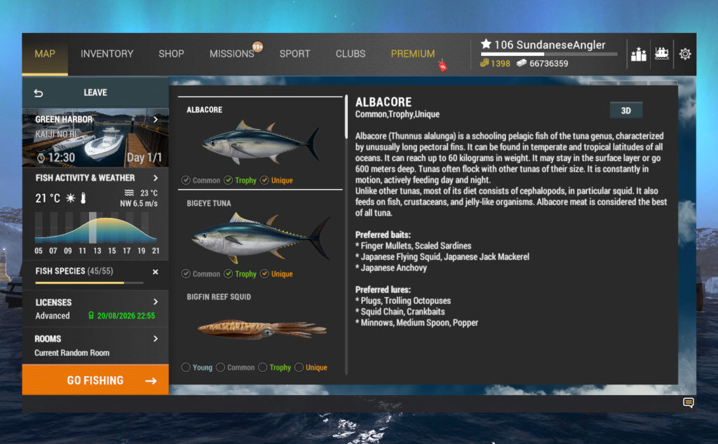 Albacore in-game info and preferred lures in Fishing Planet at Kaiji No Ri