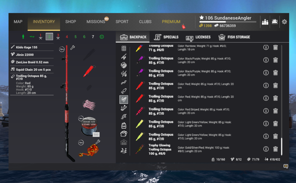 Trolling rig inventory for Albacore in Fishing Planet showing Kodo Kage 155 and Trolling Octopus