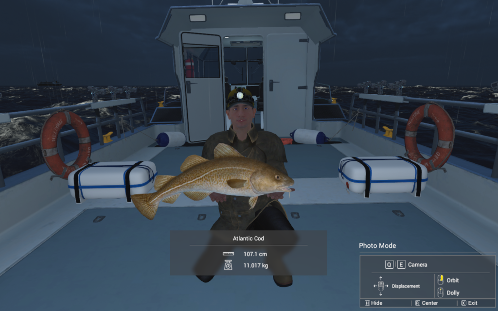 Atlantic Cod on the hook beside the rod in Fishing Planet at Skarland Fjord at night