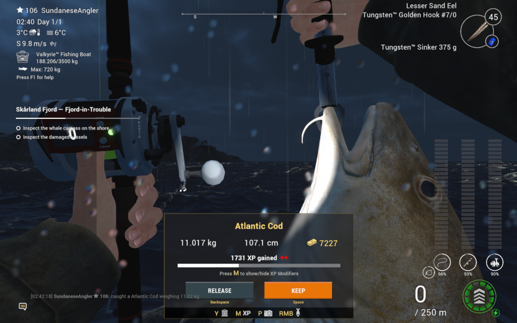 Atlantic Cod catch in Fishing Planet showing 7227 coins and 1731 XP at Skarland Fjord