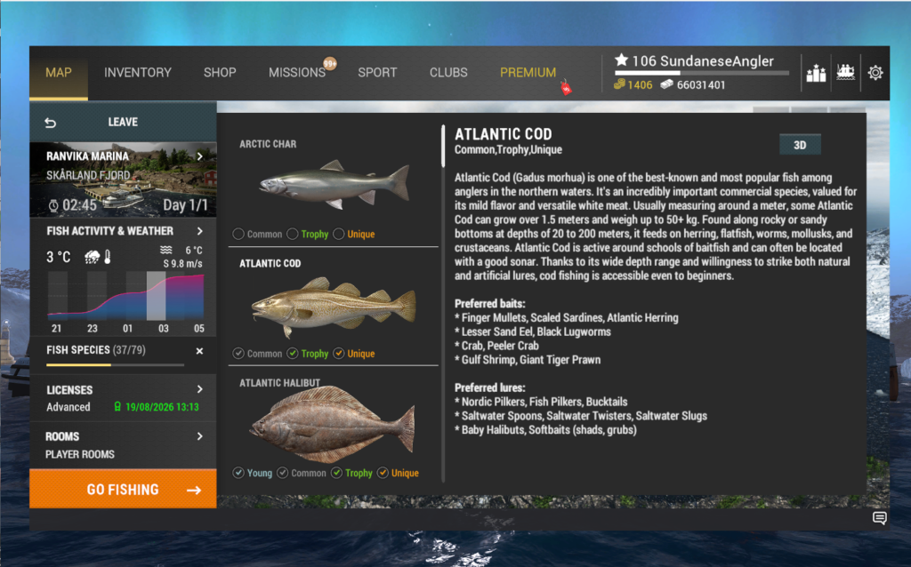 Atlantic Cod in-game info and preferred baits in Fishing Planet at Skarland Fjord