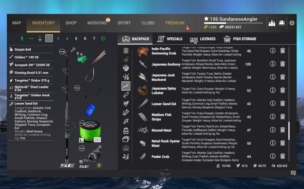 Braid and steel leader rig inventory for Atlantic Cod in Fishing Planet showing Chillarc 180 SE