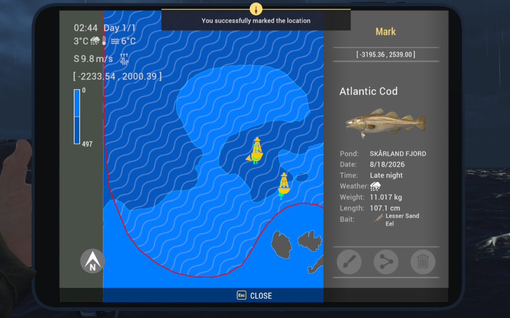 Skarland Fjord map with marker buoys showing Atlantic Cod catch location in Fishing Planet