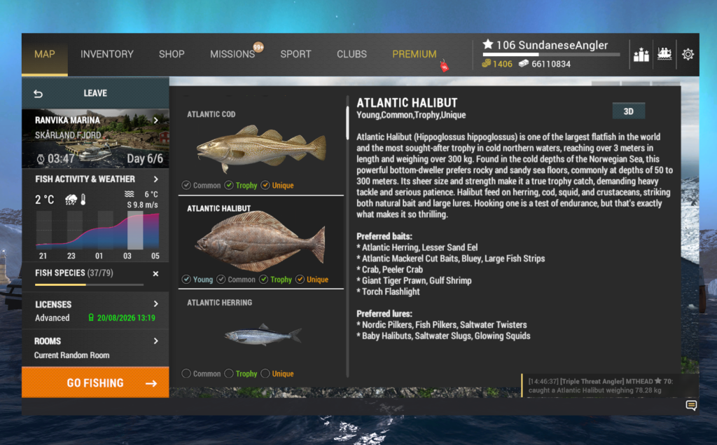 Atlantic Halibut in-game info and preferred baits in Fishing Planet at Skarland Fjord