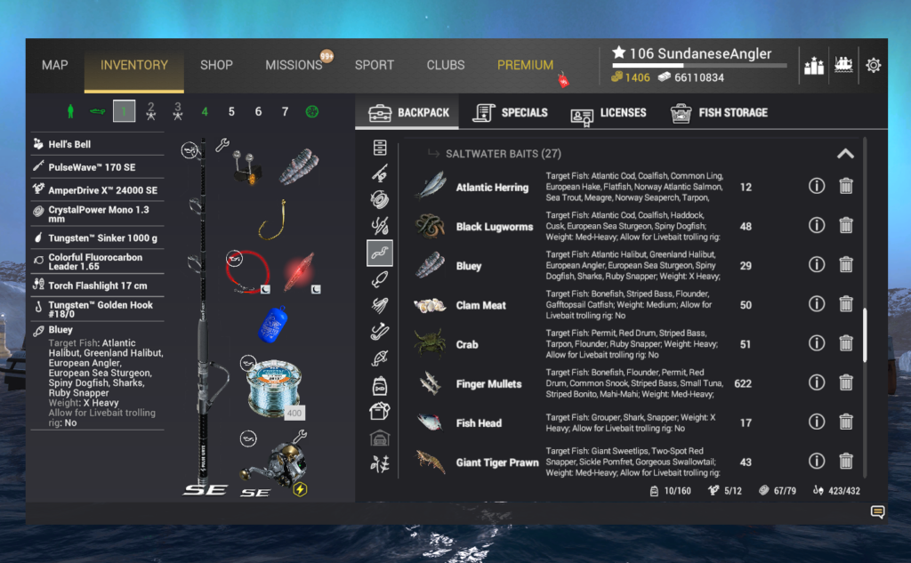 Heavy bottom rig inventory for Atlantic Halibut in Fishing Planet showing PulseWave 170 SE and Bluey