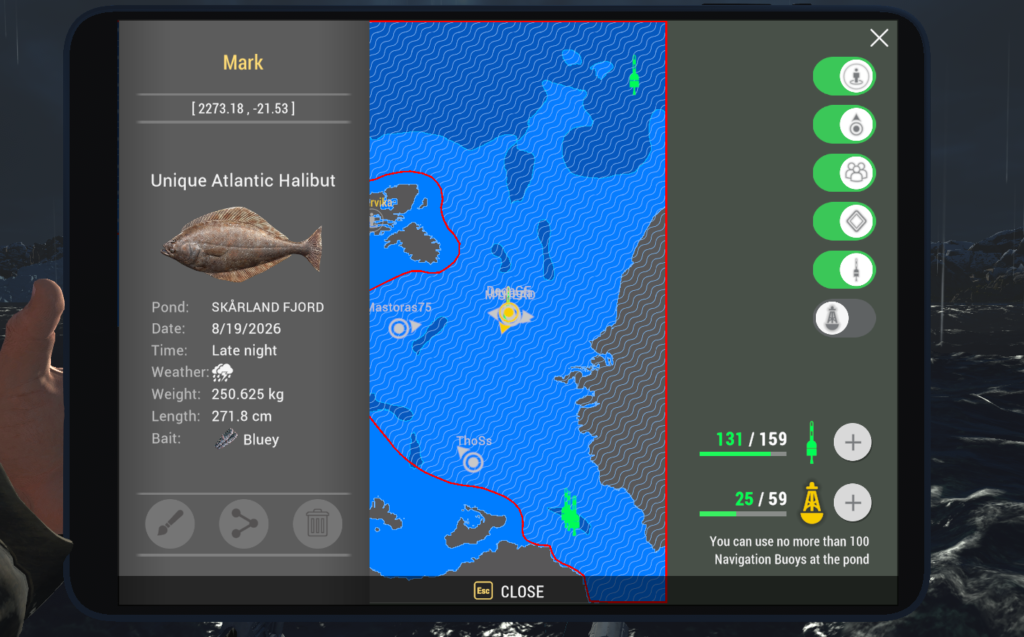 Skarland Fjord map showing Atlantic Halibut catch location in the central-eastern water in Fishing Planet