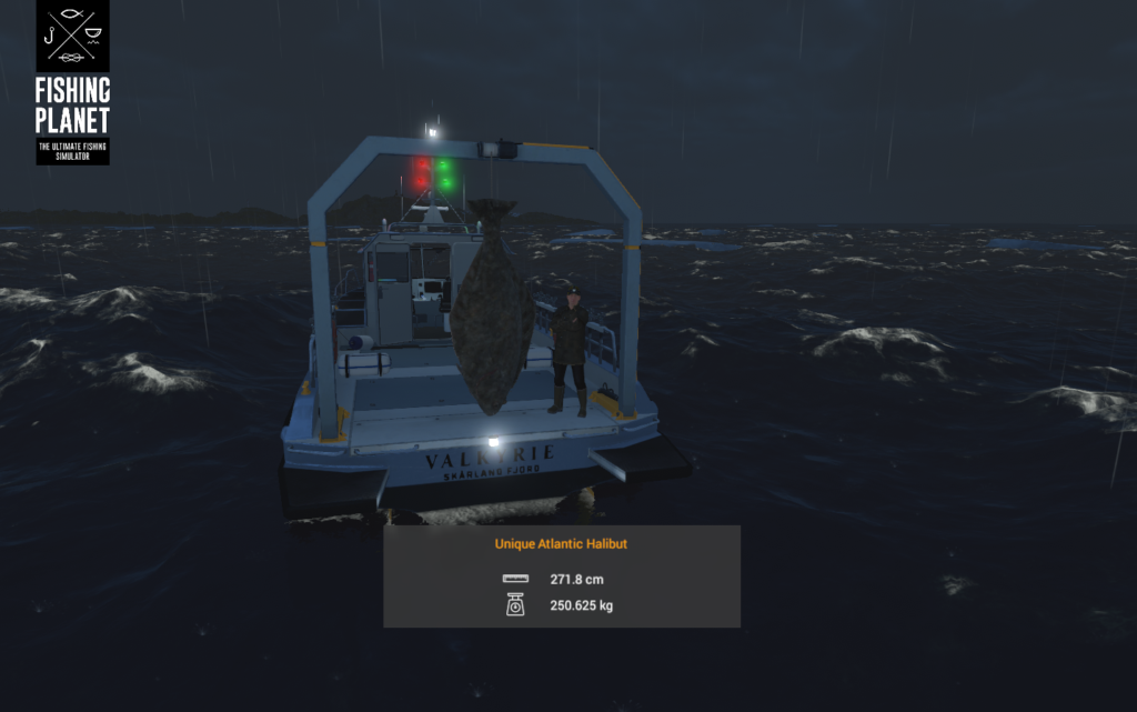 Atlantic Halibut hanging from the Valkyrie crane in a storm in Fishing Planet at Skarland Fjord