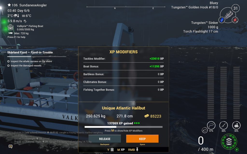 XP Modifiers breakdown for Atlantic Halibut in Fishing Planet showing tackle and boat bonuses