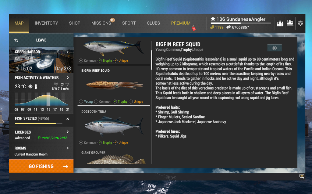 Bigfin Reef Squid in-game info and preferred lures in Fishing Planet at Kaiji No Ri