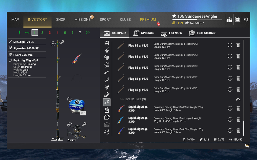 Light squid jigging rig inventory for Bigfin Reef Squid in Fishing Planet showing MizuJigu 170 SE and Squid Jig