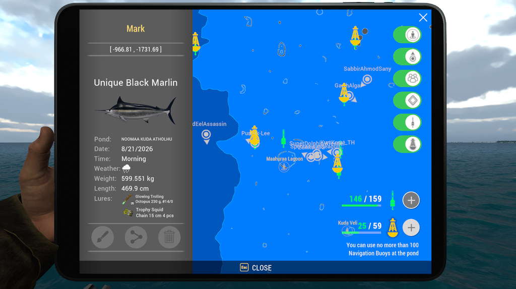 Noomaa Kuda Atholhu map showing Black Marlin catch location off Maahuraa Lagoon in Fishing Planet