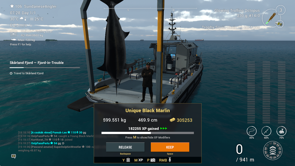 Unique Black Marlin catch in Fishing Planet showing 305253 coins and 182255 XP at Noomaa Kuda Atholhu