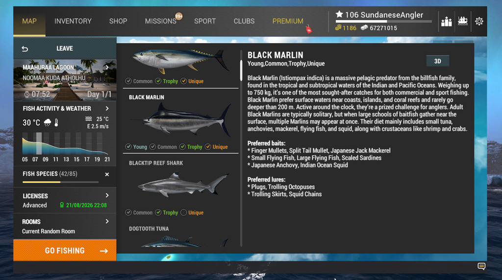 Black Marlin in-game info and preferred baits and lures in Fishing Planet at Noomaa Kuda Atholhu