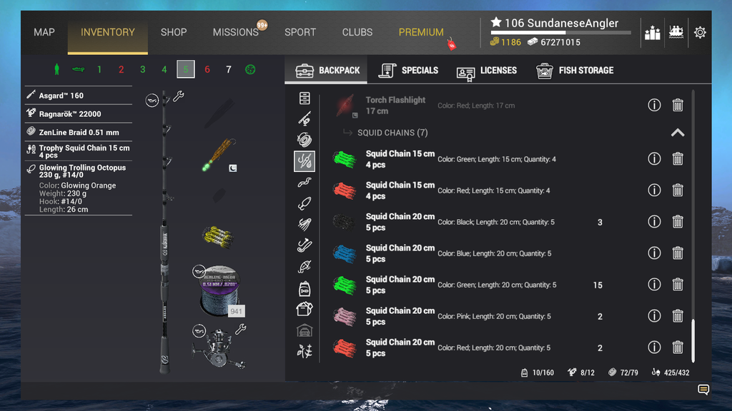 Trolling rig inventory for Black Marlin in Fishing Planet showing Asgard 160 rod and Glowing Trolling Octopus