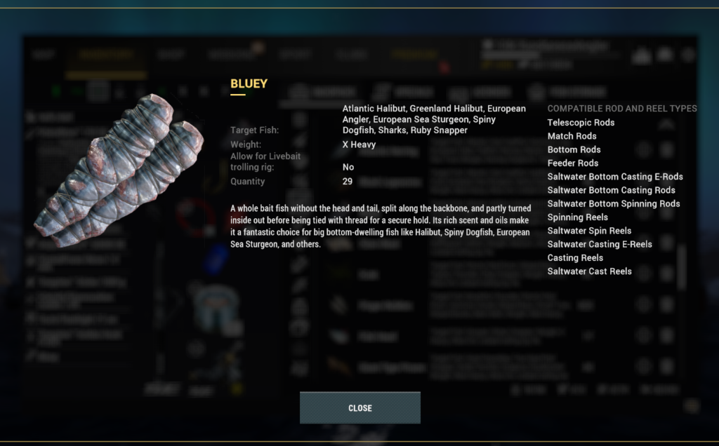Bluey bait detail in Fishing Planet showing X Heavy weight for big bottom-dwelling fish