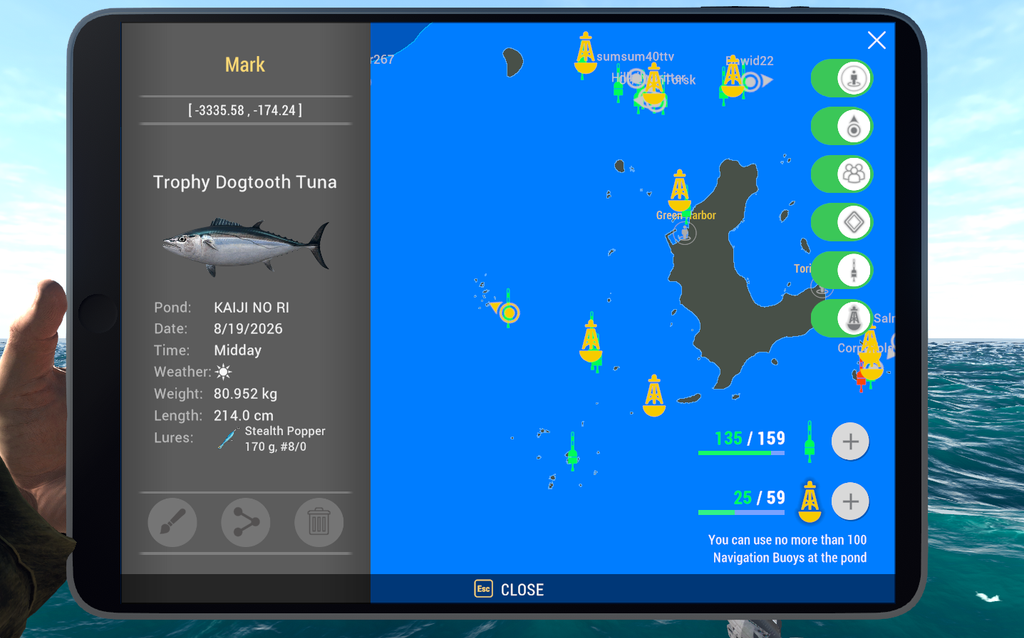Kaiji No Ri map showing Dogtooth Tuna catch location west of Green Harbor in Fishing Planet
