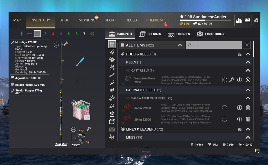 Topwater popper rig inventory for Dogtooth Tuna in Fishing Planet showing MizuJigu 170 SE and Stealth Popper