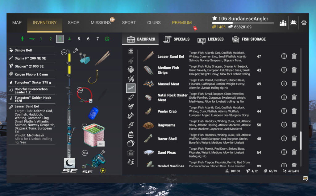Bottom rig for European Hake in Fishing Planet with Sigma F 200 NE SE rod, hook 5/0, and Lesser Sand Eel bait