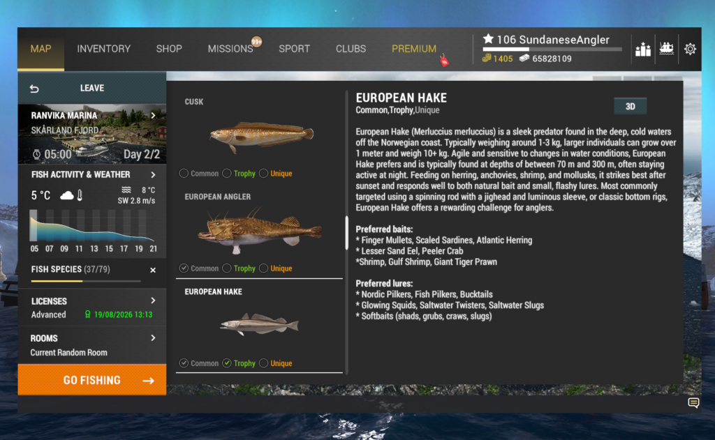European Hake in-game info and preferred baits in Fishing Planet