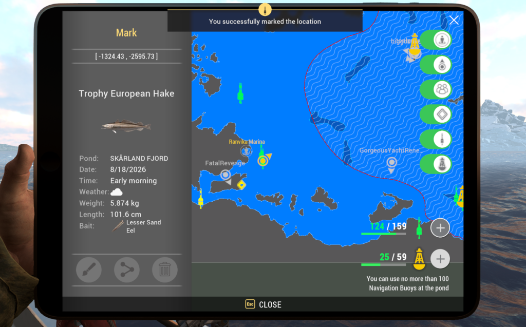 Skarland Fjord GPS marker showing Trophy European Hake catch coordinates in Fishing Planet
