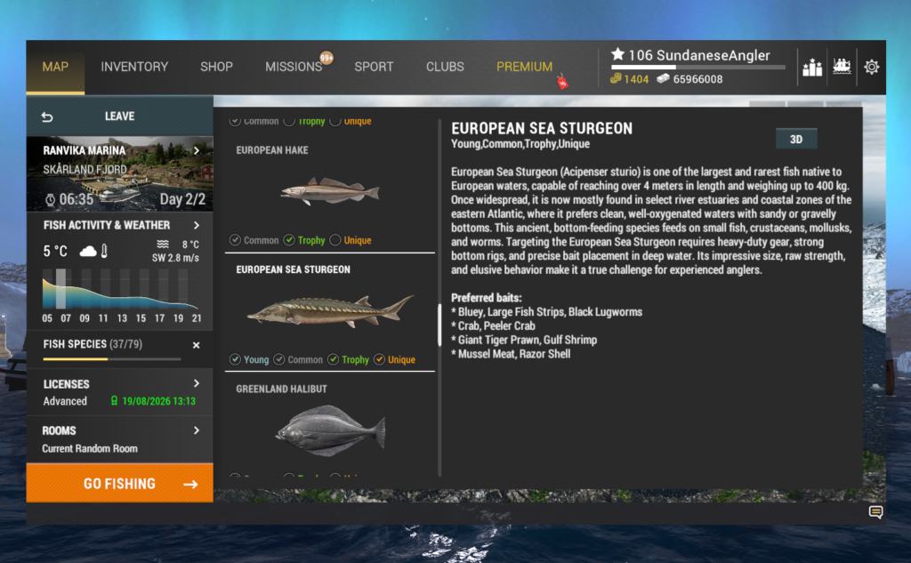 European Sea Sturgeon in-game info and preferred baits in Fishing Planet at Skarland Fjord