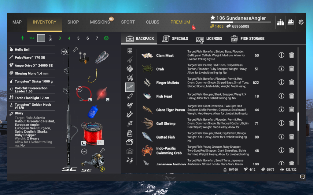 Heavy bottom rig inventory for European Sea Sturgeon in Fishing Planet showing PulseWave 170 SE and Tungsten sinker