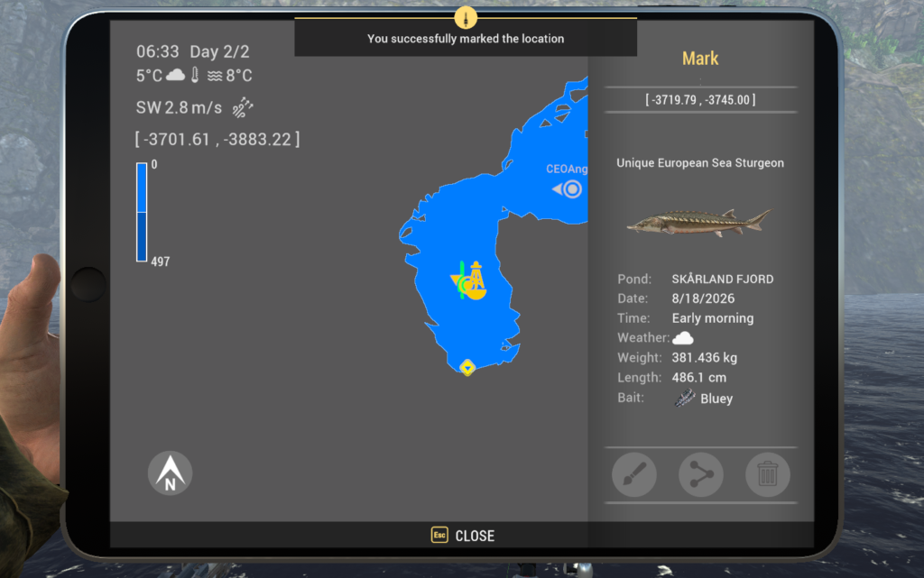 Skarland Fjord GPS marker showing European Sea Sturgeon catch coordinates in Fishing Planet