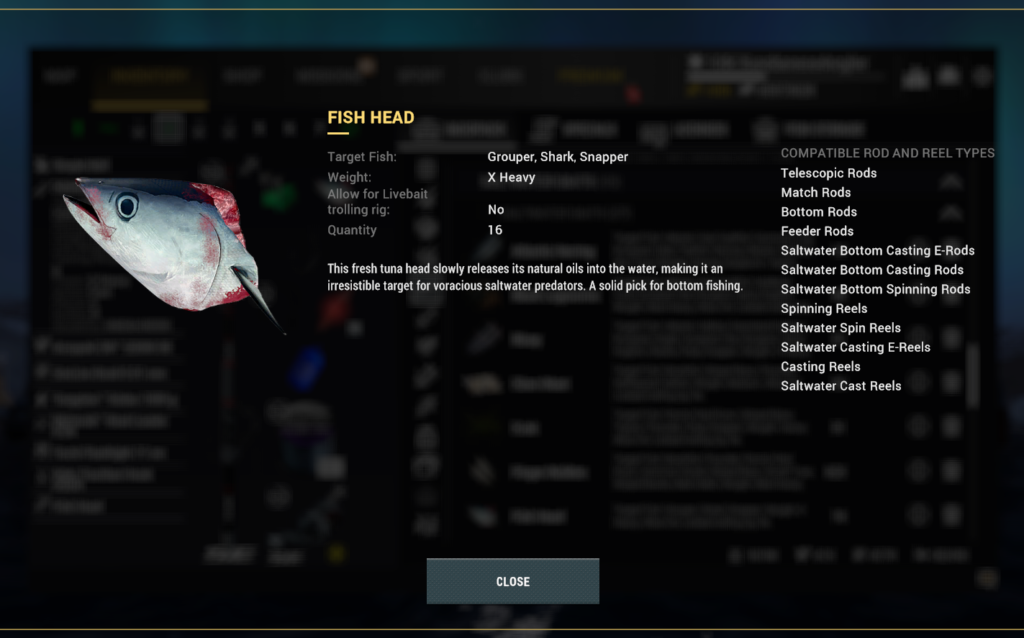 Fish Head bait detail in Fishing Planet showing X Heavy weight for saltwater predators