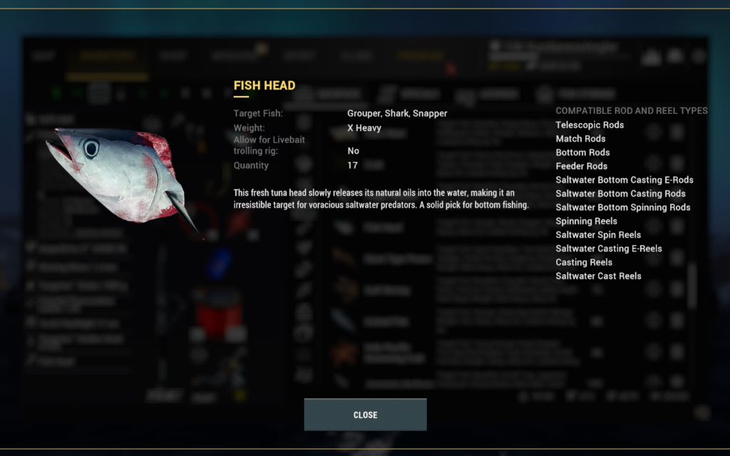 Fish Head bait detail in Fishing Planet inventory targeting Grouper Shark Snapper