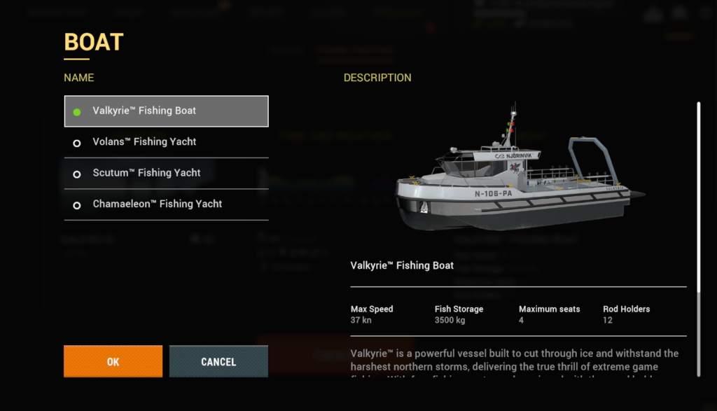Boat selection in Fishing Together showing Valkyrie Fishing Boat and three fishing yachts