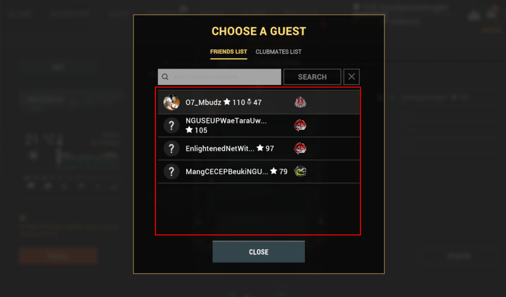 Choose a Guest window in Fishing Together with Friends List and Clubmates List tabs in Fishing Planet