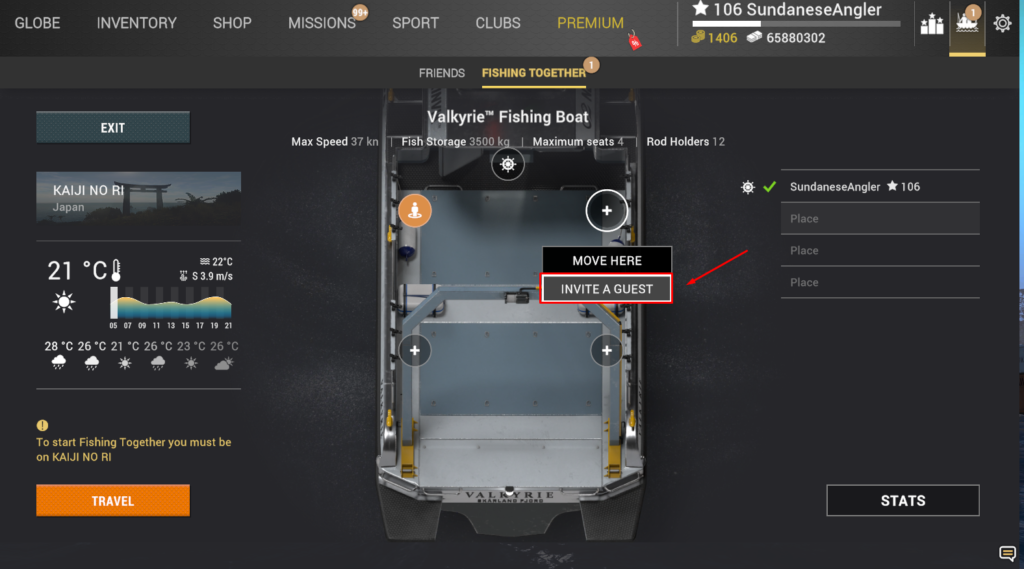 Fishing Together boat deck with open seats and the Invite a Guest option in Fishing Planet