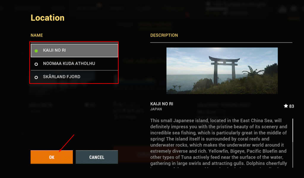 Location selection in Fishing Together showing Kaiji No Ri, Noomaa Kuda Atholhu, and Skarland Fjord