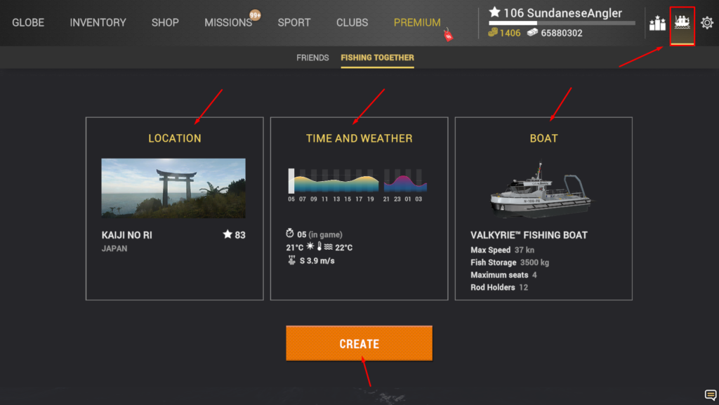 Fishing Together setup screen in Fishing Planet showing Location, Time and Weather, and Boat panels