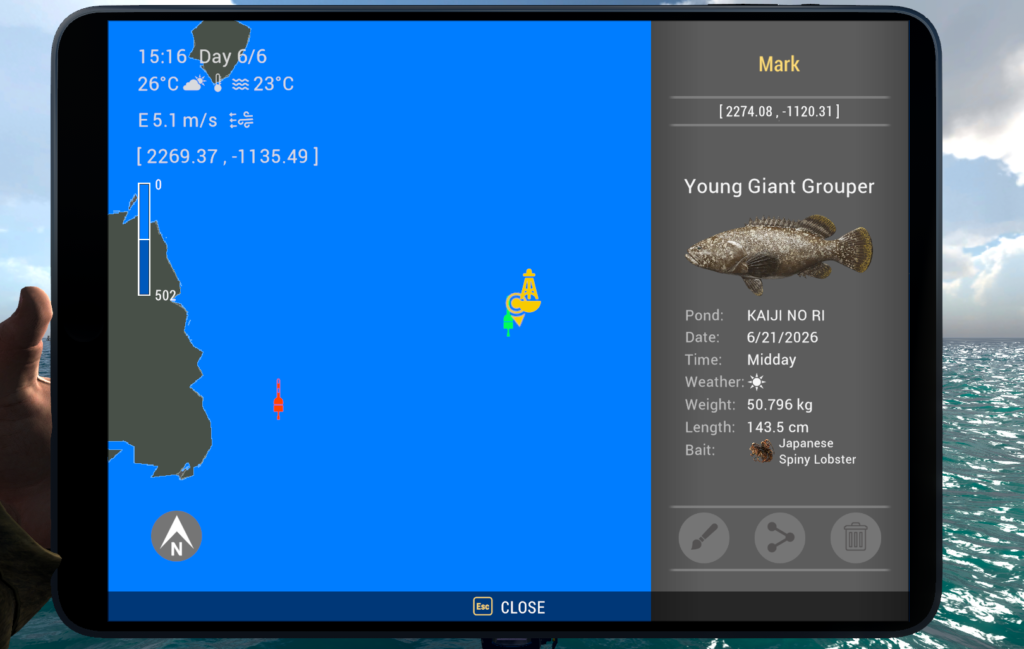 Kaiji No Ri GPS marker showing Giant Grouper catch coordinates and 50 kg weight in Fishing Planet