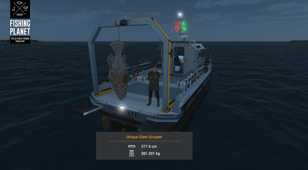 Unique Giant Grouper hanging from the Valkyrie crane at Noomaa Kuda Atholhu in Fishing Planet