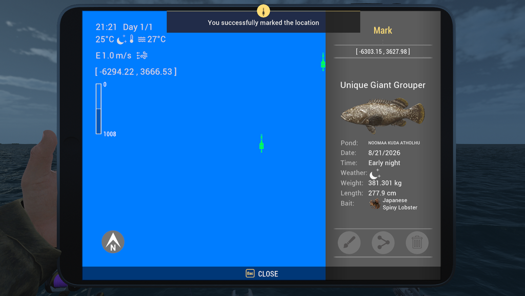 Noomaa Kuda Atholhu map showing Giant Grouper catch location and coordinates in Fishing Planet