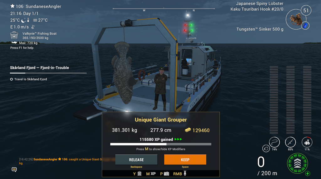 Unique Giant Grouper catch in Fishing Planet showing 129460 coins and 115580 XP at Noomaa Kuda Atholhu