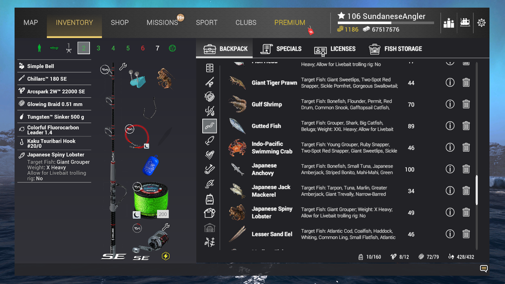 Heavy bottom rig inventory for Giant Grouper in Fishing Planet showing Chillarc 180 SE and Japanese Spiny Lobster