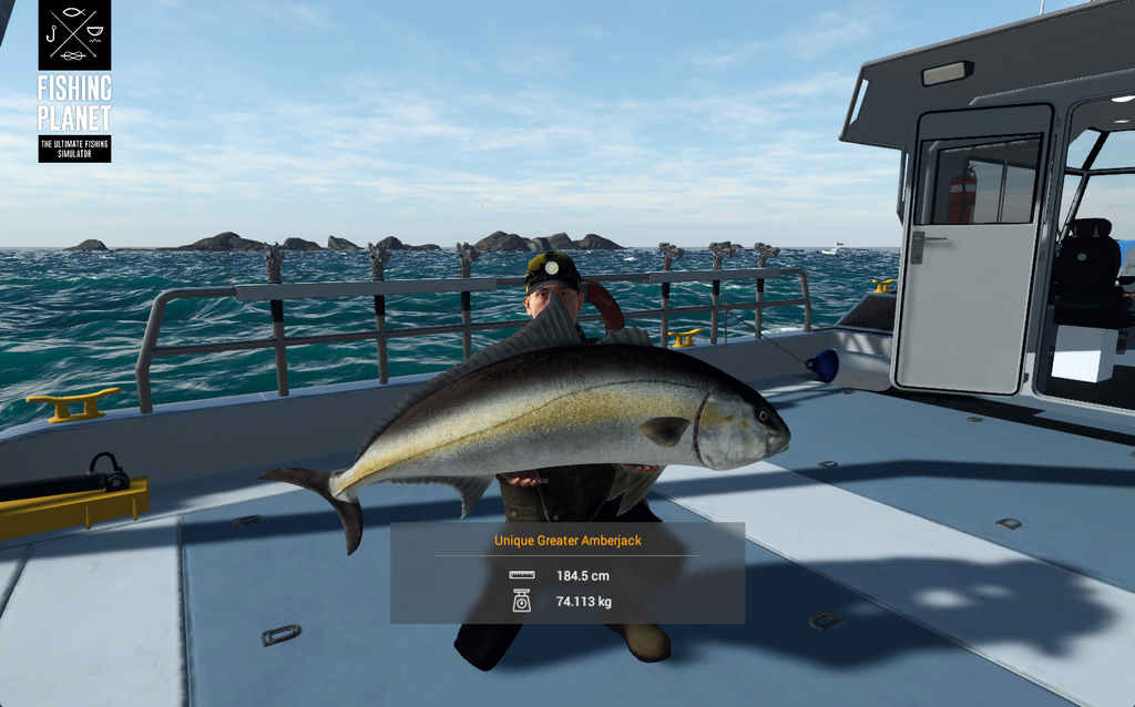 Greater Amberjack boatside showing its size and gold flank at Kaiji No Ri in Fishing Planet