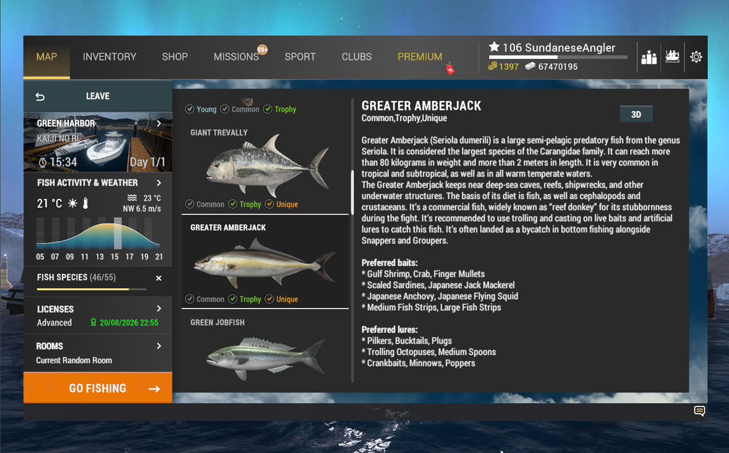Greater Amberjack in-game info and preferred lures in Fishing Planet at Kaiji No Ri