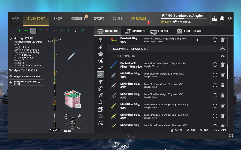 Casting rig inventory for Greater Amberjack in Fishing Planet showing MizuJigu 170 SE and Saltwater Spoon