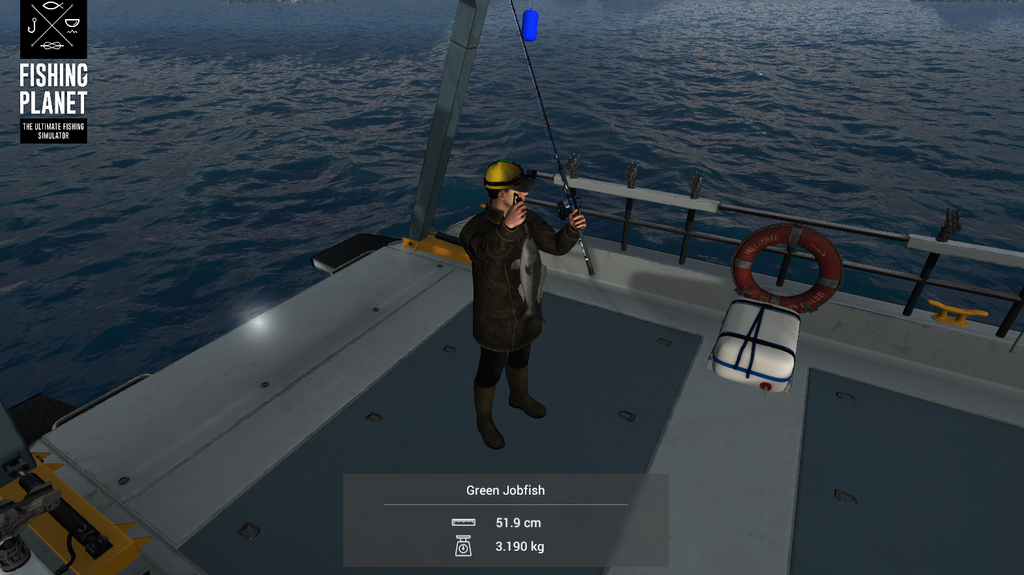 Green Jobfish boatside on the line at Kaiji No Ri in Fishing Planet