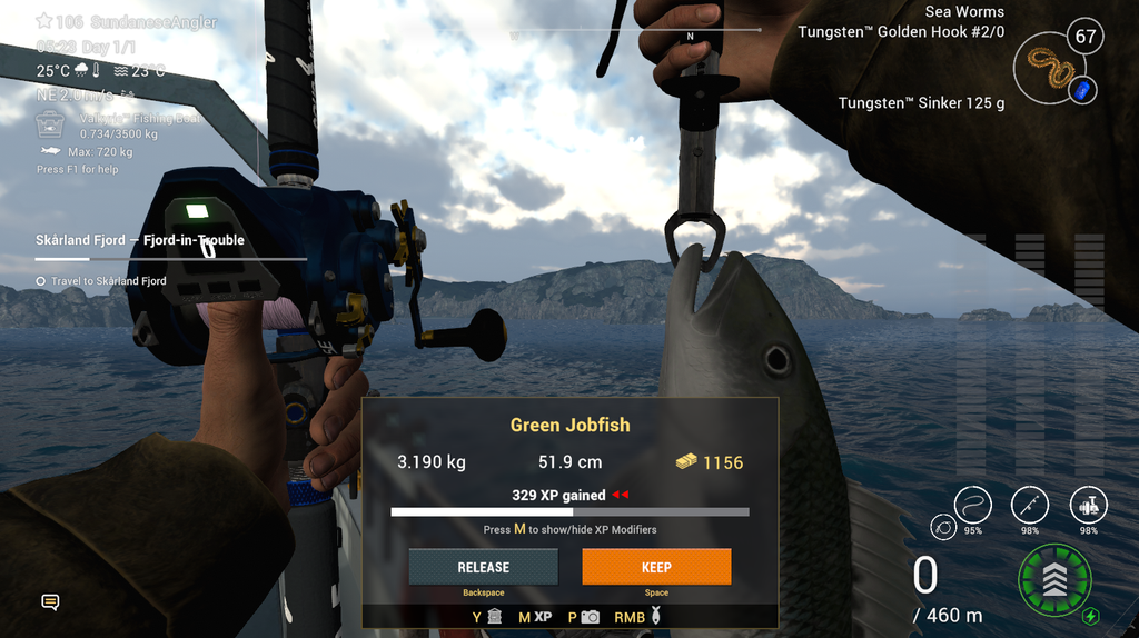 Green Jobfish catch in Fishing Planet showing 1156 coins and 329 XP at Kaiji No Ri