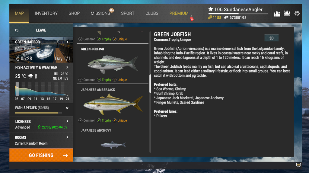 Green Jobfish in-game info and preferred baits in Fishing Planet at Kaiji No Ri