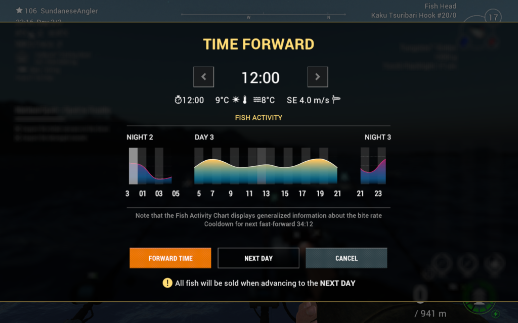 Fish activity chart in Fishing Planet at Skarland Fjord showing night bite window